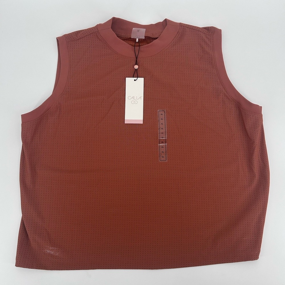CALIA Women's Open Mesh Mock Neck Sleeveless Golf Top XL Copper Red NWT